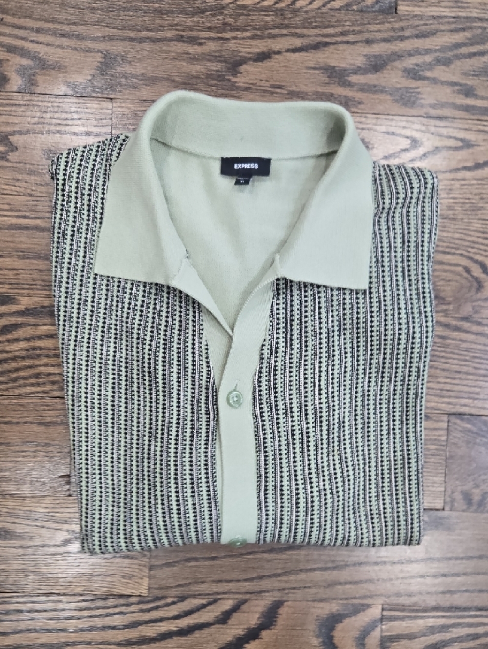 Express Patterned Knit Polo Shirt XL Green Mens Button Up Retro Sweater Polo - Picture 5 of 5